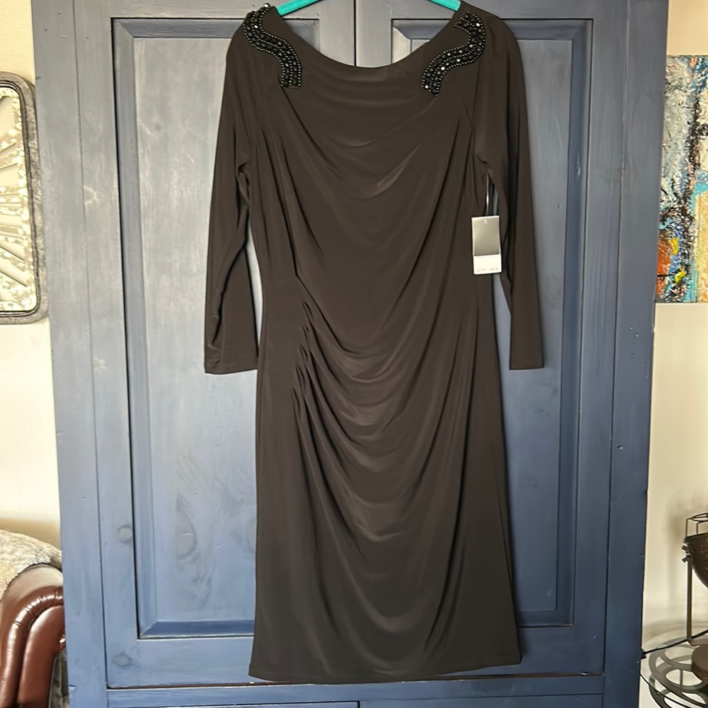 NWT Nine West Little Black Dress Beaded Accents 3/4 Sleeve Cocktail Party Dress